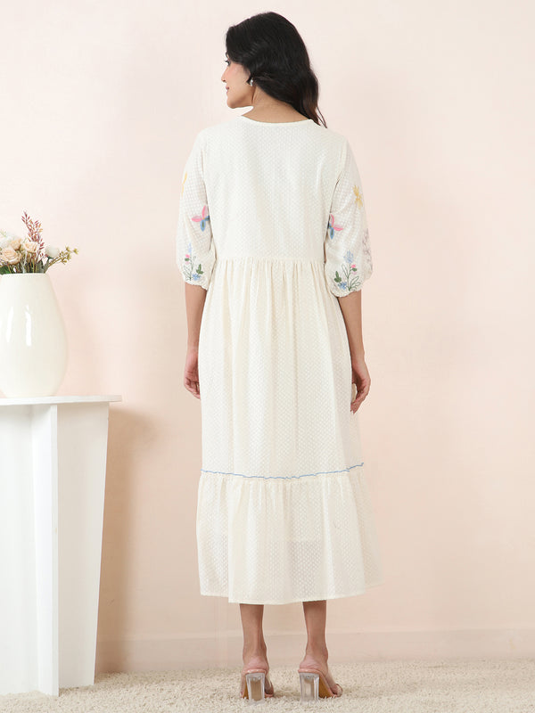 Ivory Garden Embroidered Cotton Dobby Midi Dress
