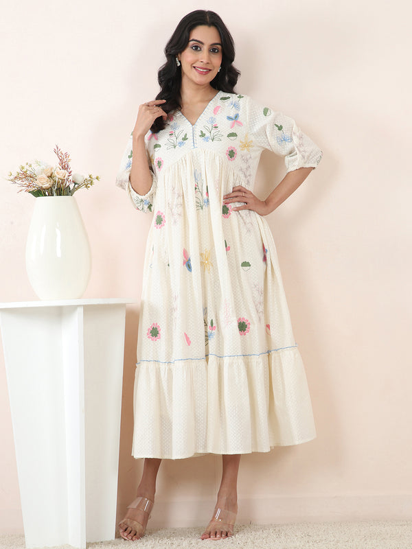 Ivory Garden Embroidered Cotton Dobby Midi Dress