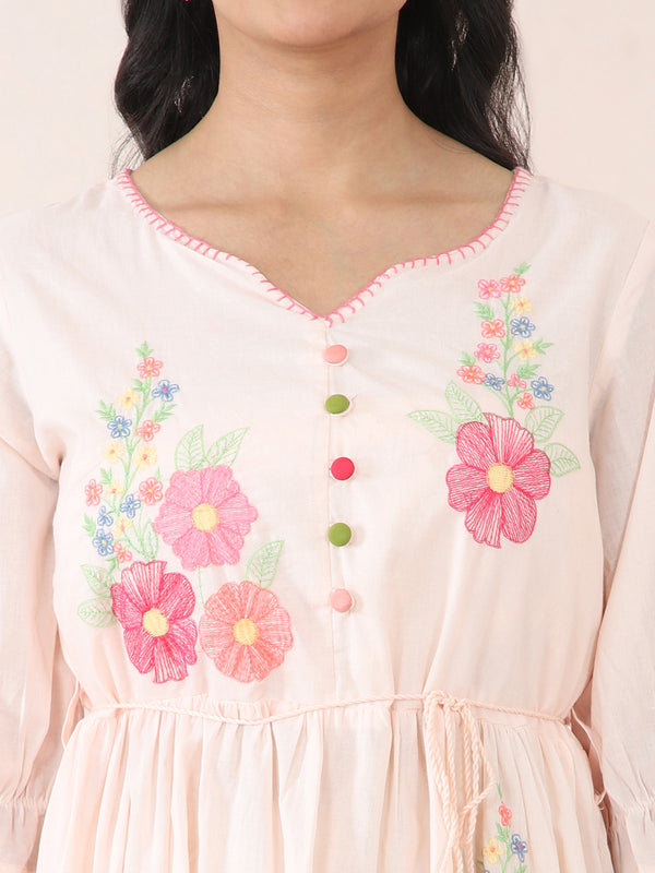 Peach Blossom Embroidered Cotton Cambric Midi Dress