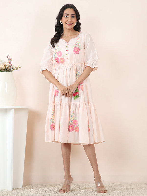 Peach Blossom Embroidered Cotton Cambric Midi Dress