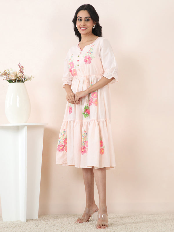 Peach Blossom Embroidered Cotton Cambric Midi Dress