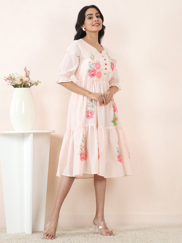 Peach Blossom Embroidered Cotton Cambric Midi Dress