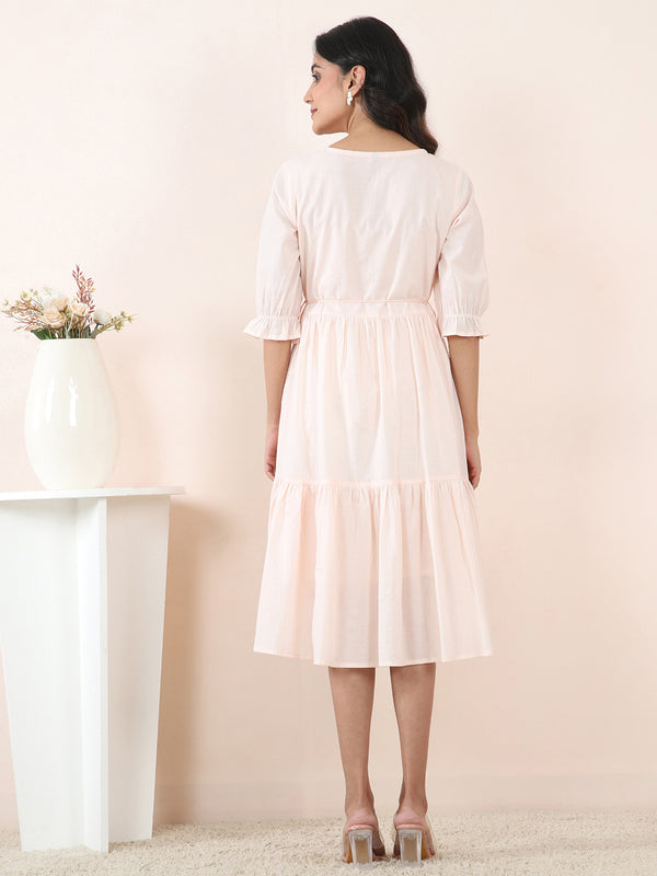 Peach Blossom Embroidered Cotton Cambric Midi Dress