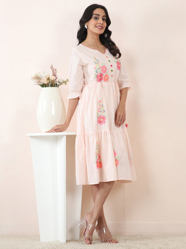 Peach Blossom Embroidered Cotton Cambric Midi Dress
