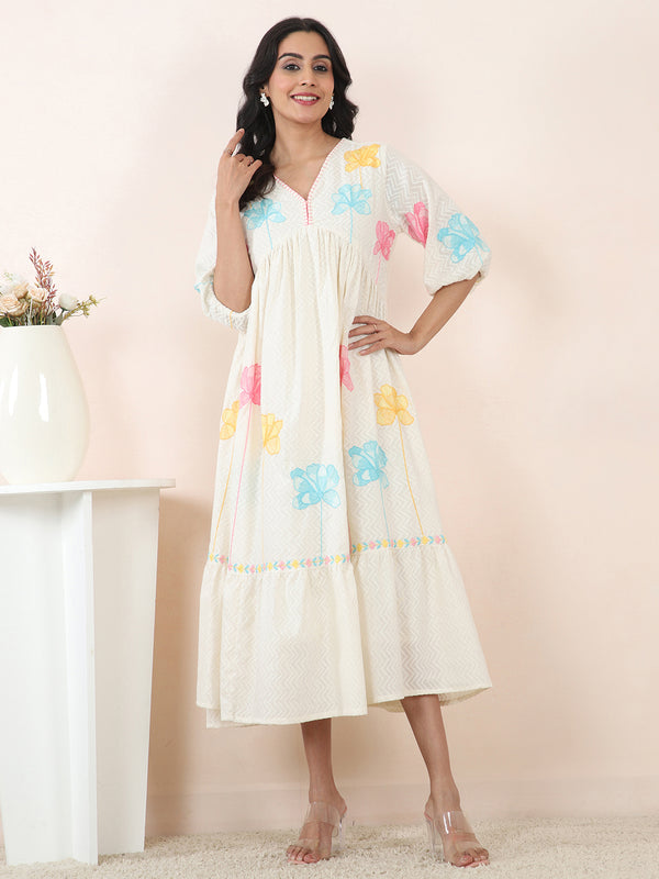 Floral Embroidered Cotton Dobby Day Dress