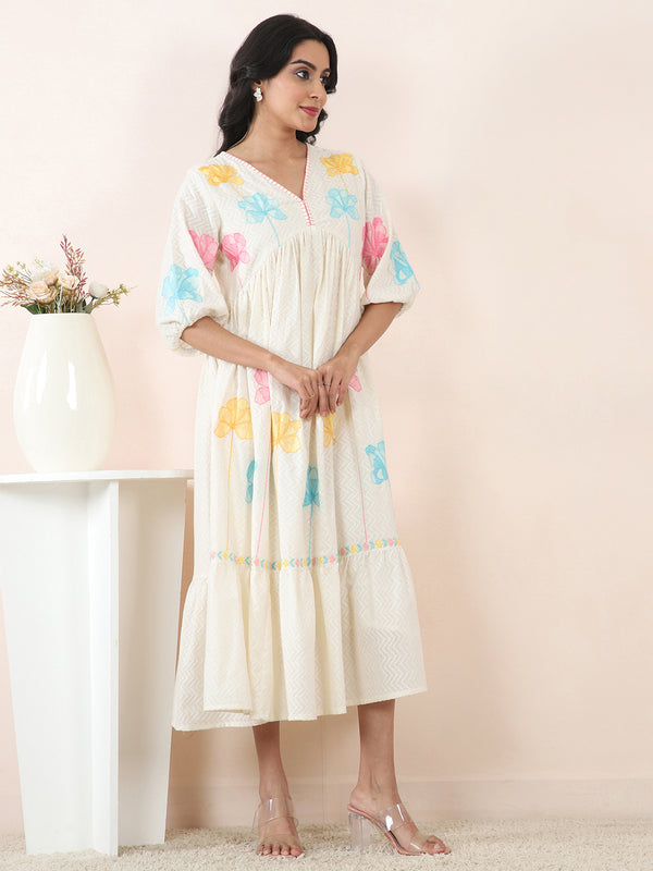 Floral Embroidered Cotton Dobby Day Dress