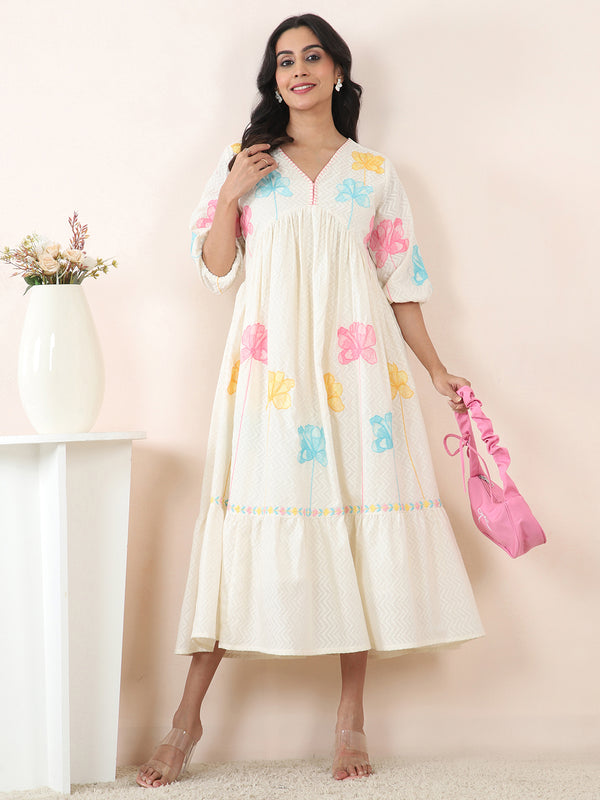 Floral Embroidered Cotton Dobby Day Dress