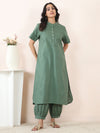 Dark Green Cotton Linen Embroidered Co-Ord Set