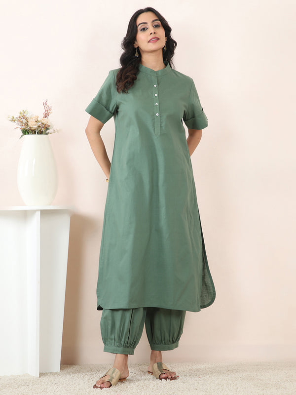 Dark Green Cotton Linen Embroidered Co-Ord Set