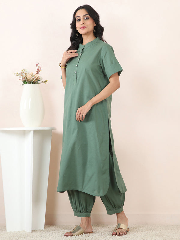 Dark Green Cotton Linen Embroidered Co-Ord Set
