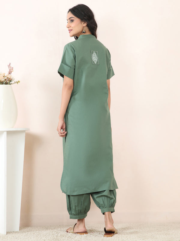 Dark Green Cotton Linen Embroidered Co-Ord Set