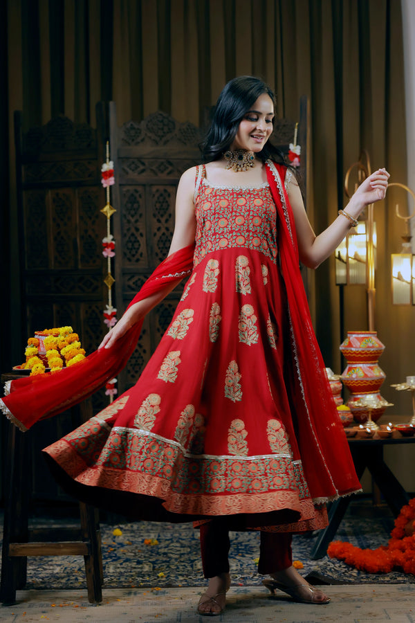 Viscose Shantoon Anarkali 3-Piece Set with Net Dupatta