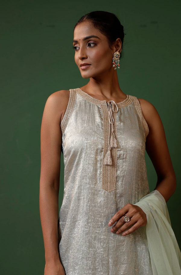 Nysa Silk A-Line Kurta Set with Organza Dupatta