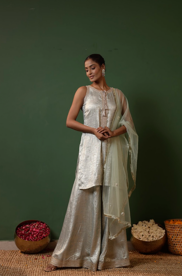 Nysa Silk A-Line Kurta Set with Organza Dupatta