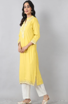 Bright Yellow Embroidered Everyday Rayon Kurti