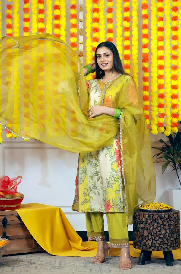 Viscose Muslin Straight Kurta & Pants 3-Piece Set with Organza Dupatta