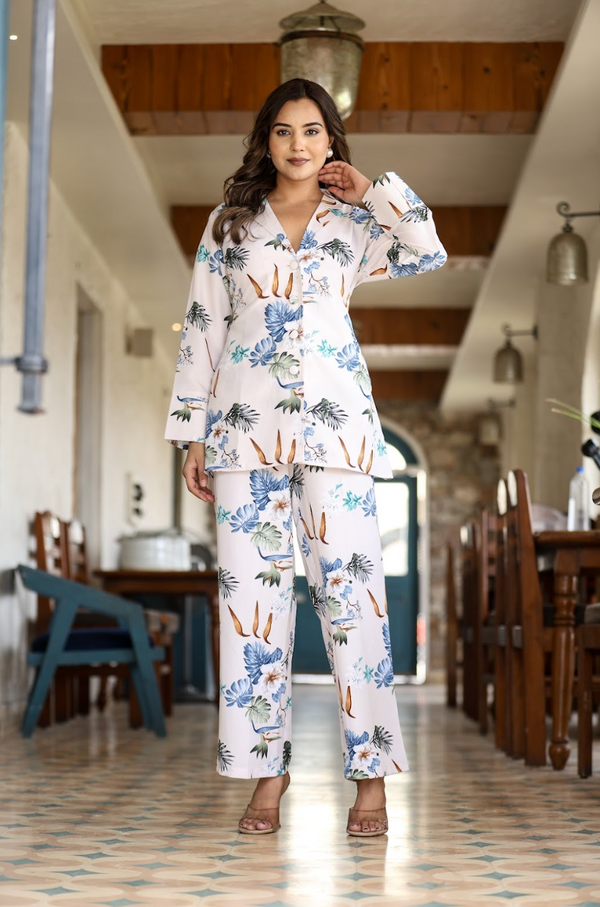 White Base Blue Print Coord Set