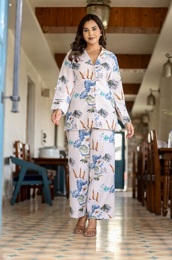 White Base Blue Print Coord Set