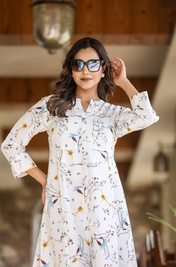 White Multi-Print Kurta in Natural Rayon