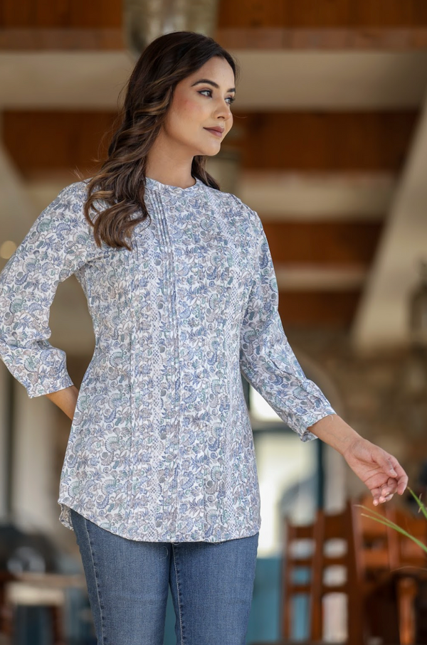 White Multi-Print Top in Natural Rayon