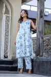 White & Blue Digital Print Coord Set in Gazzi Silk