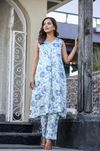 White & Blue Digital Print Coord Set in Gazzi Silk