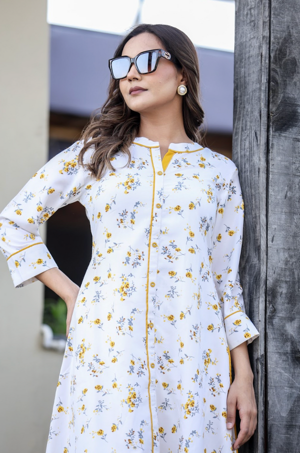 Yellow Printed Rayon 2-Piece Suit Set with Foil Accents