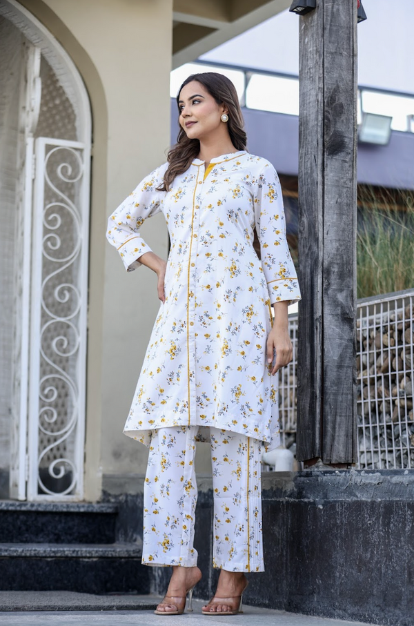Yellow Printed Rayon 2-Piece Suit Set with Foil Accents